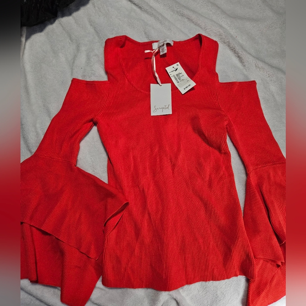 NWT Red/Coral Scripted Sweater With Bell Sleeves